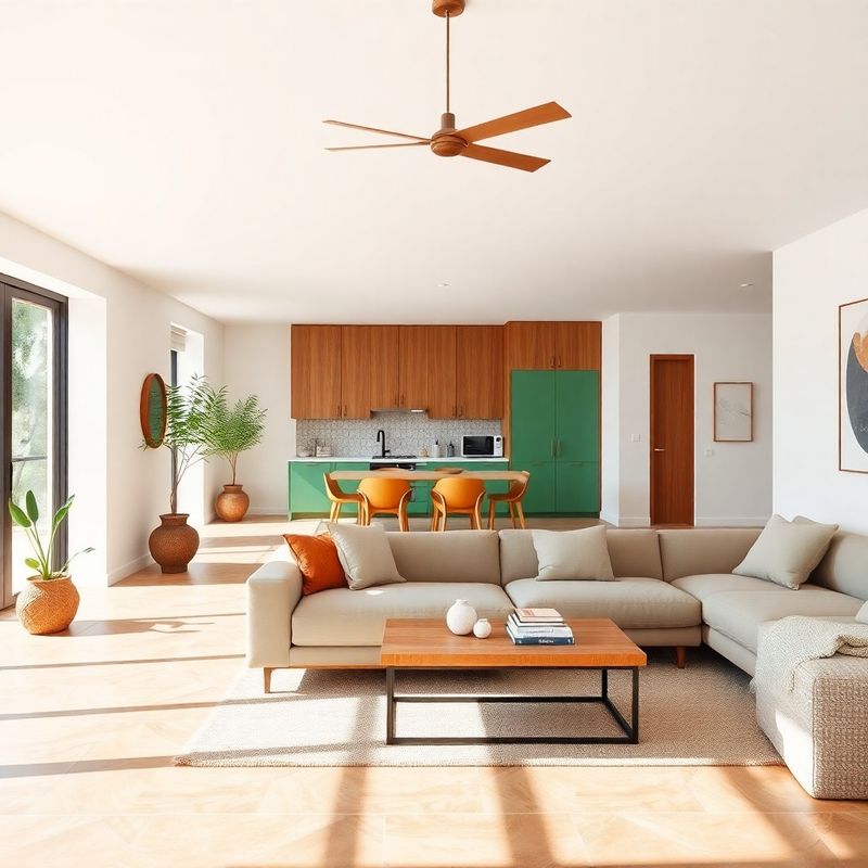 Salón moderno de planta abierta en apartamento de Mallorca con detalles verdes