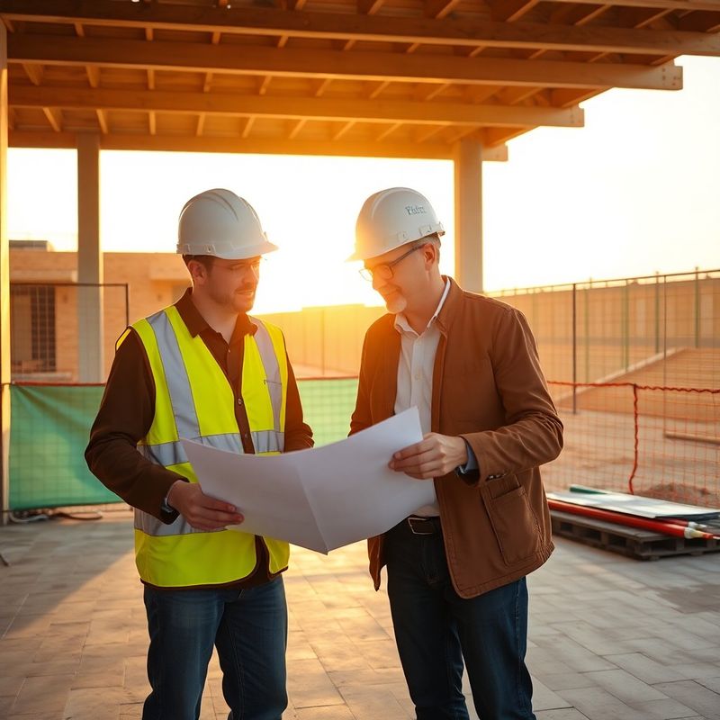 Arquitecto y jefe de obra revisando planos en una obra activa en Mallorca