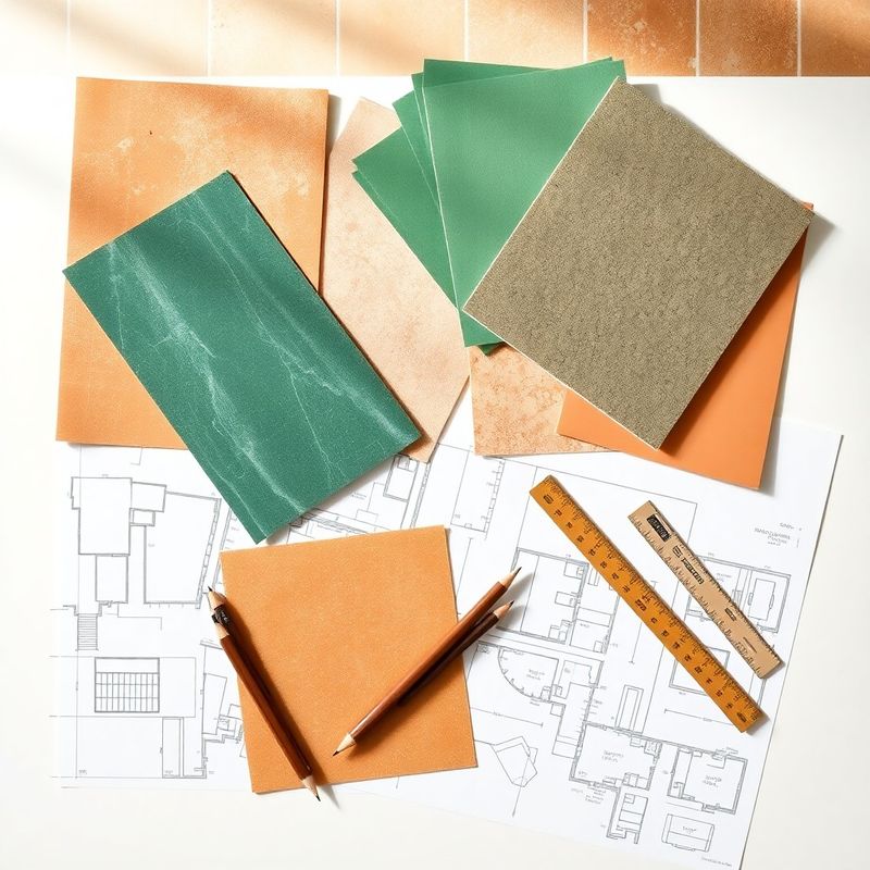 Planos de construcción y muestras de material sobre una mesa de estudio en Mallorca