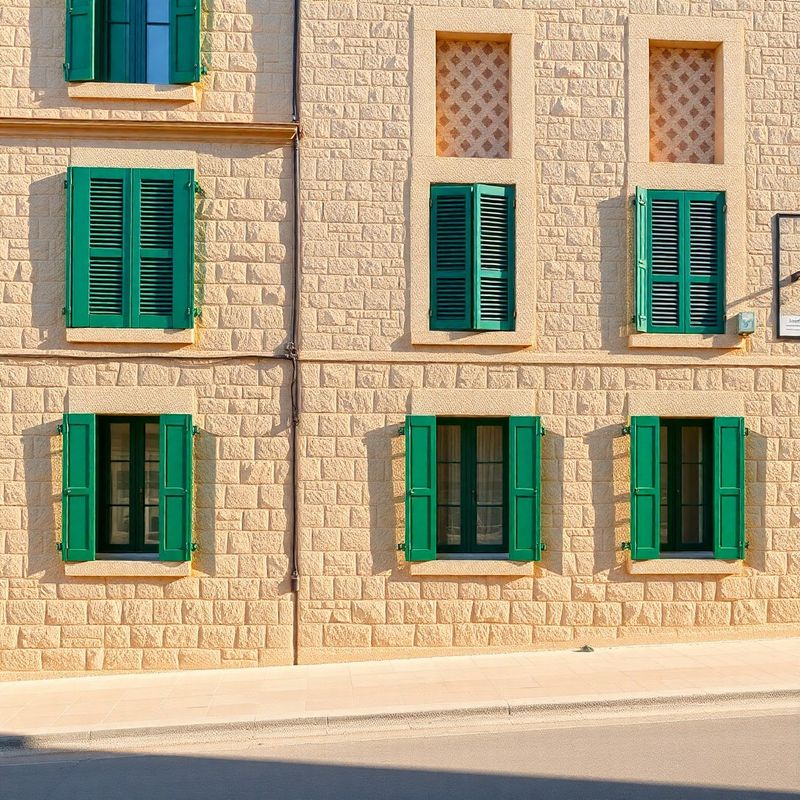 Fachada rehabilitada de piedra marés con contraventanas verdes en Palma