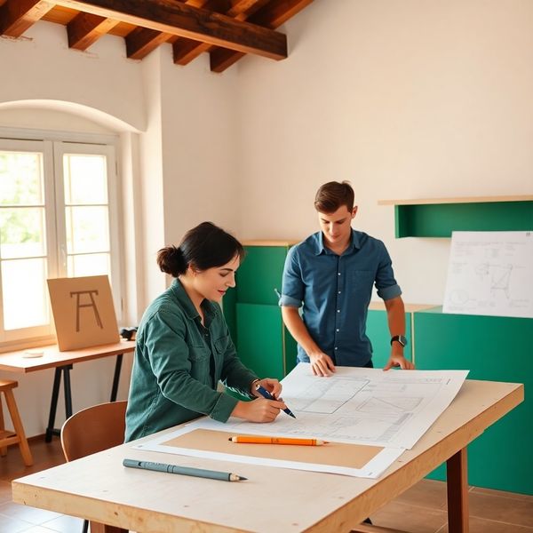 Equipo de diseño y construcción trabajando en la mesa de estudio en Palma